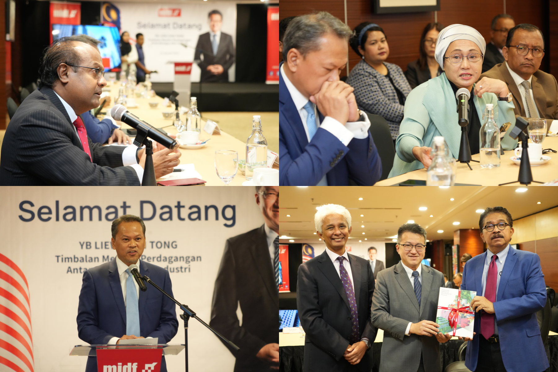 collage (clockwise) - Datuk Dominic, CEO of MIDF Investment Bank giving a speech - En. Azizi Mustafa, Head of Development Frnance Division and Datuk Yasmin, one of our Board members listening in - En. Azizi Mustafa giving a speech - MIDF Group MD & Chairman with Deputy Minister of MITI YB Liew